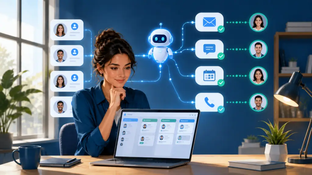 Solo business owner using solopreneur AI tools to manage tasks from one laptop.